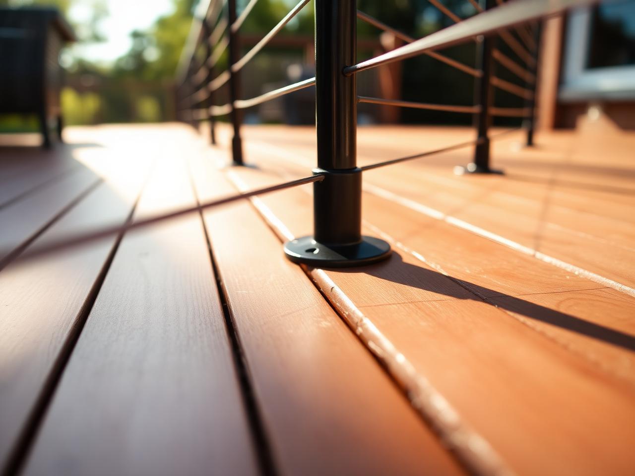 Multi-level composite deck with black metal railing in western Montana